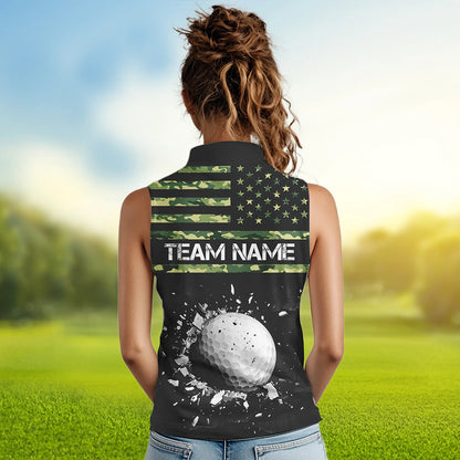 Green Camo American flag black Women sleeveless polo shirt custom patriotic team ladies golf apparel NQS9517