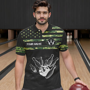 Personalized Green camo American flag Custom Bowling Team Shirts For Mens, Bowling League Jersey NQS9518