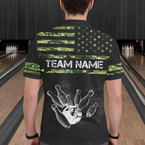 Personalized Green camo American flag Custom Bowling Team Shirts For Mens, Bowling League Jersey NQS9518