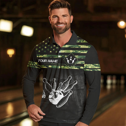 Personalized Green camo American flag Custom Bowling Team Shirts For Mens, Bowling League Jersey NQS9518