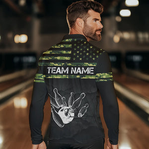 Personalized Green camo American flag Custom Bowling Team Shirts For Mens, Bowling League Jersey NQS9518