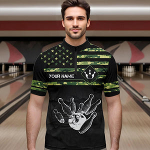 Personalized Green camo American flag Custom Bowling Team Shirts For Mens, Bowling League Jersey NQS9518