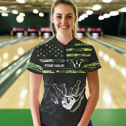 Personalized Green camo American flag Custom Bowling Team Shirts For Women, Bowling League Jersey NQS9518