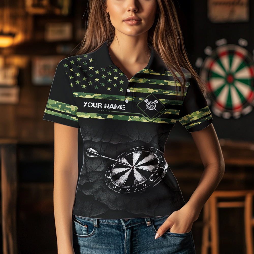 Green camo American Flag Dart jerseys Polo, 1/4 Zip Shirt for Women Custom Patriotic Darts Team shirts NQS9519