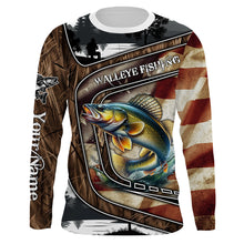 Load image into Gallery viewer, Walleye Fishing camo American flag patriotic Customize name long sleeves fishing shirts NQS1433