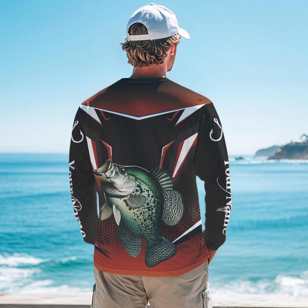 Black and Orange Crappie Long Sleeve Fishing Shirts, Personalized Crappie Fishing Tounament Jerseys NQS9680