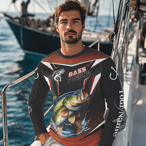 Black and Orange Largemouth Bass Long Sleeve Fishing Shirt, Personalized Bass Fishing Tounament Jersey NQS9681