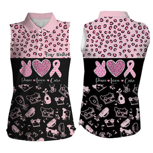 Pink and Black Leopard Pattern Women Sleeveless Golf Polo Shirts Breast Cancer Pink Ribbon Golf shirts NQS7453