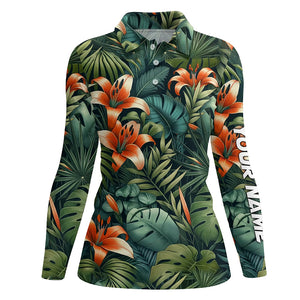 Green tropical flower pattern Womens golf polo shirts custom team golf shirts, golf tops for ladies NQS7617