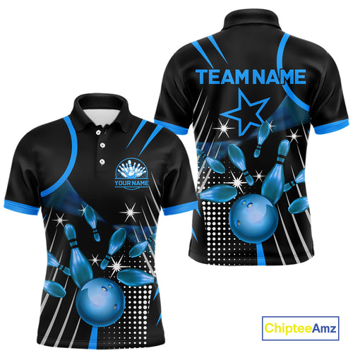 Black and Blue Mens Bowling Polo, Quarter Zip Shirts Custom Bowling outfit men Team Jerseys NQS9956