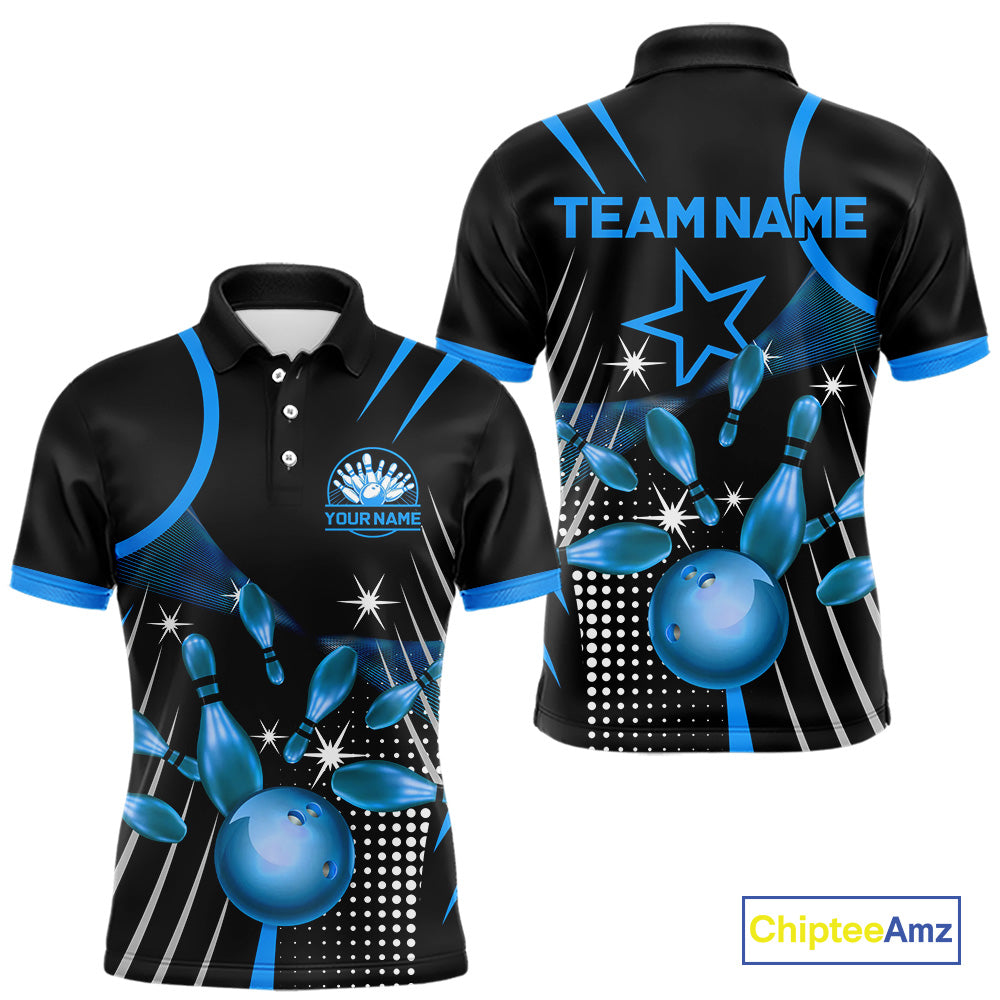 Black and Blue Mens Bowling Polo, Quarter Zip Shirts Custom Bowling outfit men Team Jerseys NQS9956