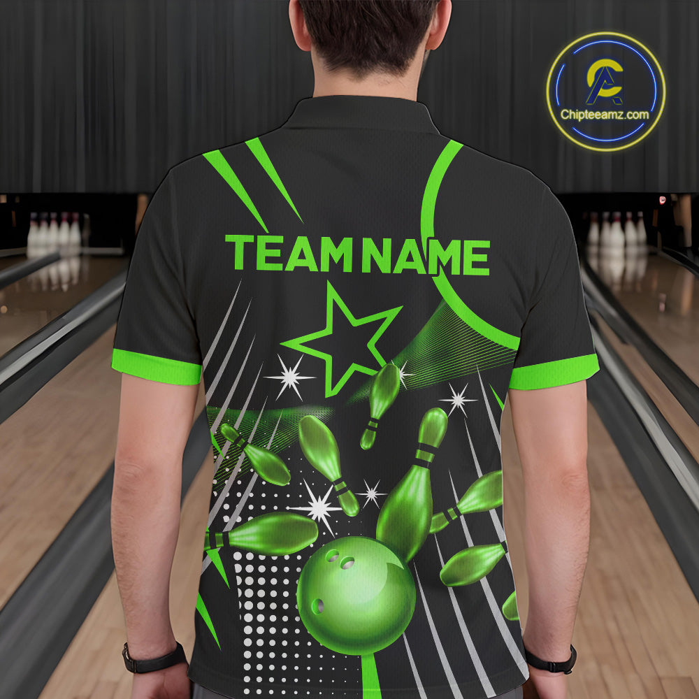 Black and Green Mens Bowling Polo, Quarter Zip Shirts Custom Bowling outfit men Team Jerseys NQS9957