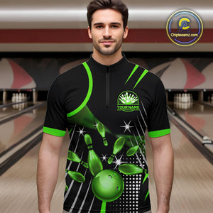 Black and Green Mens Bowling Polo, Quarter Zip Shirts Custom Bowling outfit men Team Jerseys NQS9957
