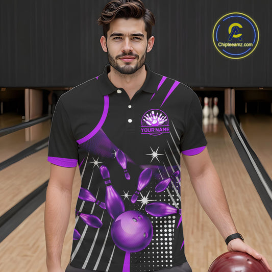 Black and Purple Mens Bowling Polo, Quarter Zip Shirts Custom Bowling outfit men Team Jerseys NQS9958