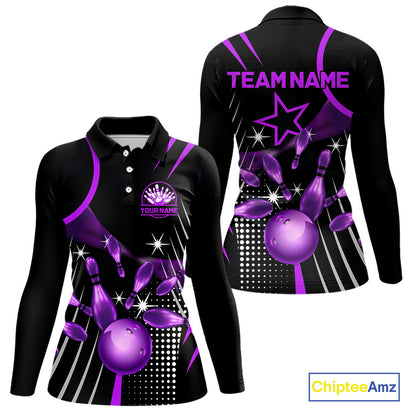 Black and Purple Women Bowling Polo, Quarter Zip Shirts Custom Bowling outfit ladies Team Jerseys NQS9958