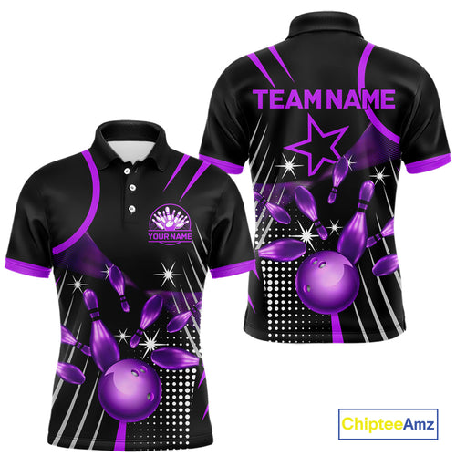Black and Purple Mens Bowling Polo, Quarter Zip Shirts Custom Bowling outfit men Team Jerseys NQS9958