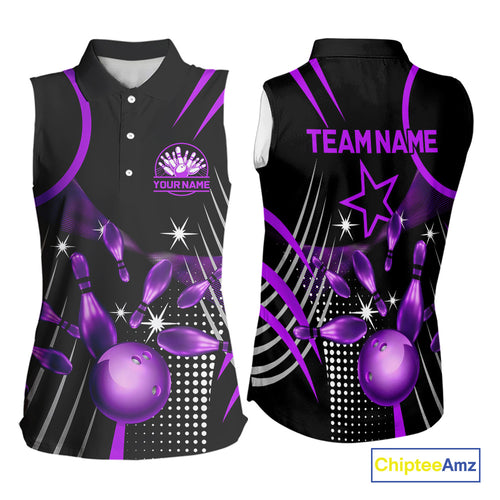 Black and Purple Women Bowling sleeveless polo Shirts Custom Bowling outfit ladies Team Jerseys NQS9958