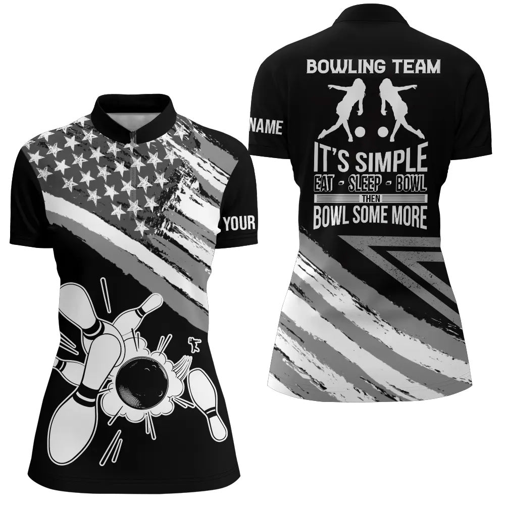 Black American flag retro Women's Bowling Shirt Quarter-Zip Custom team bowling outfits eat sleep bowl NQS5937