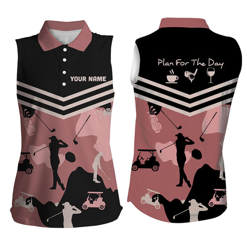 Plan for the day coffee golf wine Womens sleeveless polo shirt custom pink camo sleeveless golf tops NQS6136