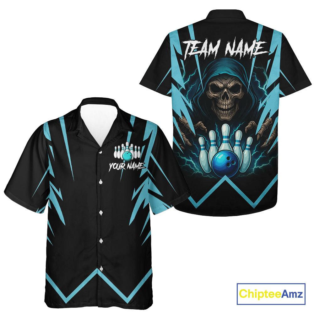 Black and Blue Reaper Skull lightning Bowling Hawaiian Shirt Custom Team Bowling league jersey NQS10869