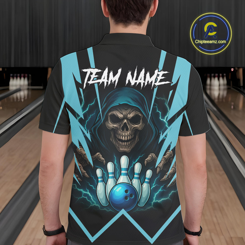 Black and Blue Reaper Skull lightning Bowling Shirts for Men Custom Skull Team Bowling league jersey NQS10869
