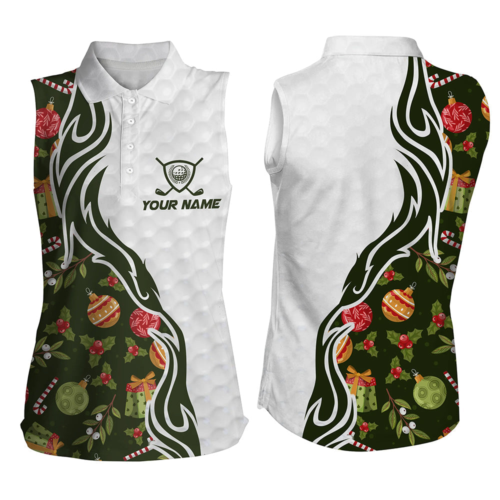 Custom Green Christmas pattern Golf sleeveless polo Shirts For Women, Personalized Golf Team Jerseys NQS8922