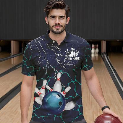 Blue Shark Camo Lightning Thunder Bowling Shirts For Men Custom Bowling Team Shirts, Gift For Bowler NQS9372