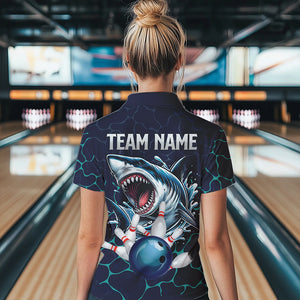 Blue Shark Camo Lightning Thunder Bowling Shirts For Women Custom Bowling Team Shirts, Gift For Bowler NQS9372