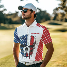 Load image into Gallery viewer, Red, white and blue American Flag Skull Mens golf polo shirts custom patriotic golf attire for mens NQS9375