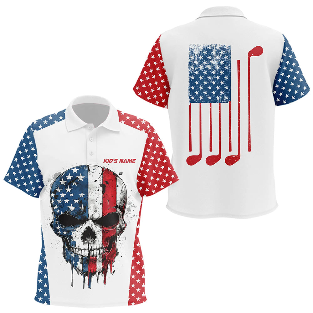 Red, white and blue American Flag Skull Kid golf polo shirts custom patriotic golf attire for kid NQS9375