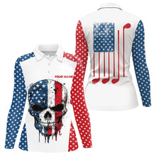 Load image into Gallery viewer, Red, white and blue American Flag Skull Women golf polo shirt custom patriotic golf attire for ladies NQS9375