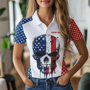 Red, white and blue American Flag Skull Women golf polo shirt custom patriotic golf attire for ladies NQS9375