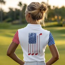 Load image into Gallery viewer, Red, white and blue American Flag Skull Women golf polo shirt custom patriotic golf attire for ladies NQS9375