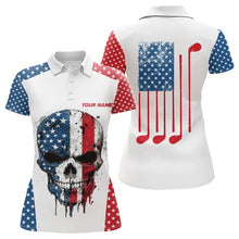 Load image into Gallery viewer, Red, white and blue American Flag Skull Women golf polo shirt custom patriotic golf attire for ladies NQS9375