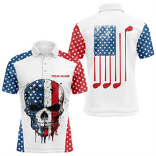 Load image into Gallery viewer, Red, white and blue American Flag Skull Mens golf polo shirts custom patriotic golf attire for mens NQS9375