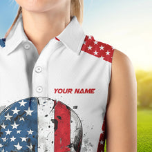 Load image into Gallery viewer, Red, white and blue American Flag Skull Women sleeveless polos custom patriotic golf attire for ladies NQS9375