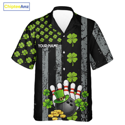 Custom Grunge US Flag Green Shamrock St Patrick Bowling Hawaiian shirts, button up bowling shirts NQS11450