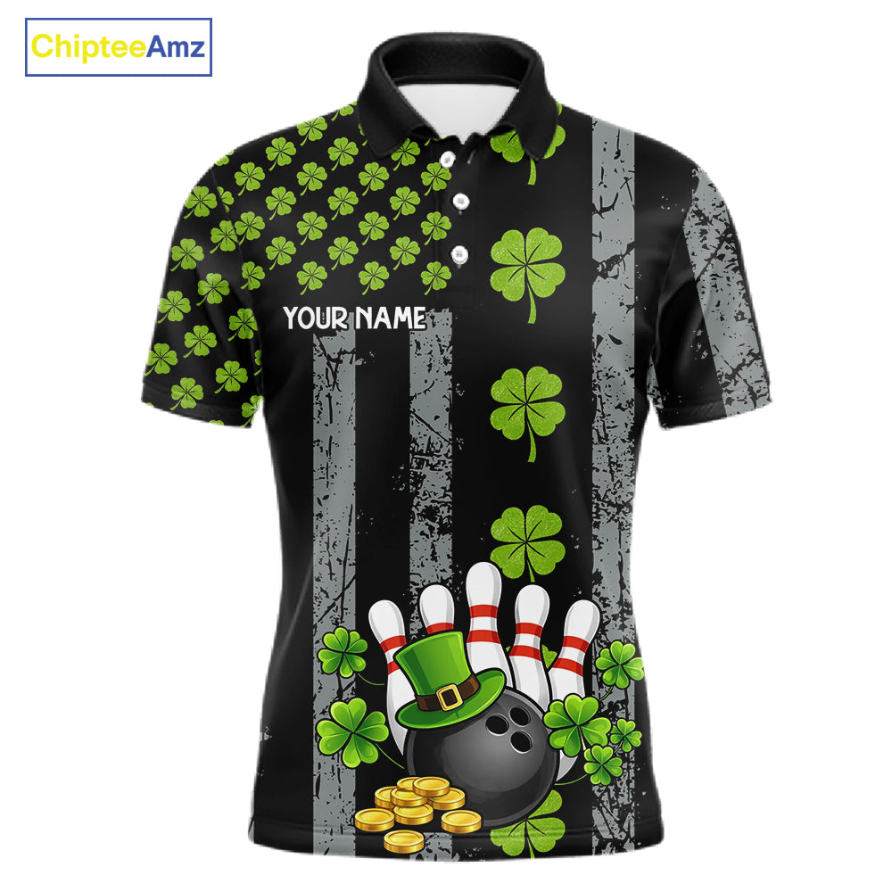 Custom Black Grunge US Flag Green Shamrock St Patrick Bowling polo shirts for men, bowling jersey men NQS11450