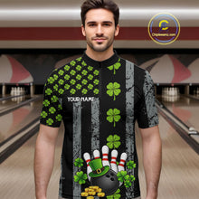 Load image into Gallery viewer, Custom Black Grunge US Flag Green Shamrock St Patrick Bowling polo shirts for men, bowling jersey men NQS11450