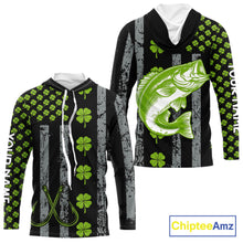 Load image into Gallery viewer, Custom Black Grunge US Flag Green Shamrock St Patrick Largemouth Bass Fishing Shirts, Bass Jerseys NQS11451