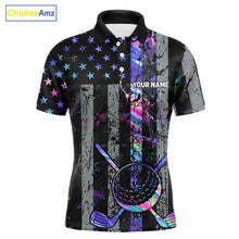 Load image into Gallery viewer, Black American Flag Hologram Mens golf polo shirts Custom patriotic mens golf shirts, best golf gifts NQS11640