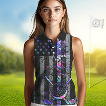 Load image into Gallery viewer, Black American Flag Hologram Women sleeveless polo shirt Custom patriotic ladies golf tops NQS11640