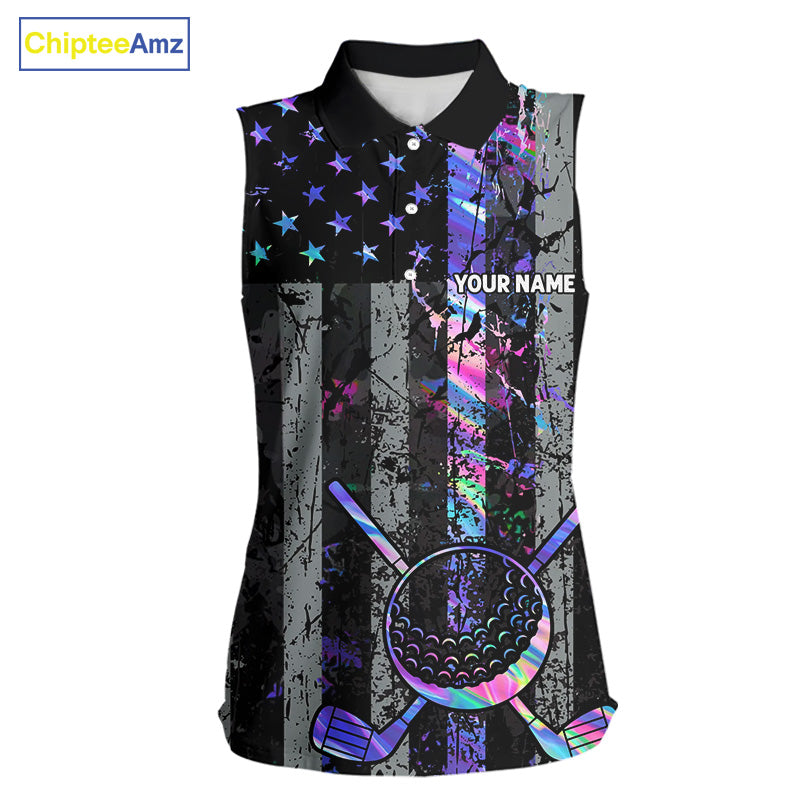 Black American Flag Hologram Women sleeveless polo shirt Custom patriotic ladies golf tops NQS11640