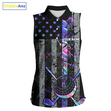 Load image into Gallery viewer, Black American Flag Hologram Women sleeveless polo shirt Custom patriotic ladies golf tops NQS11640