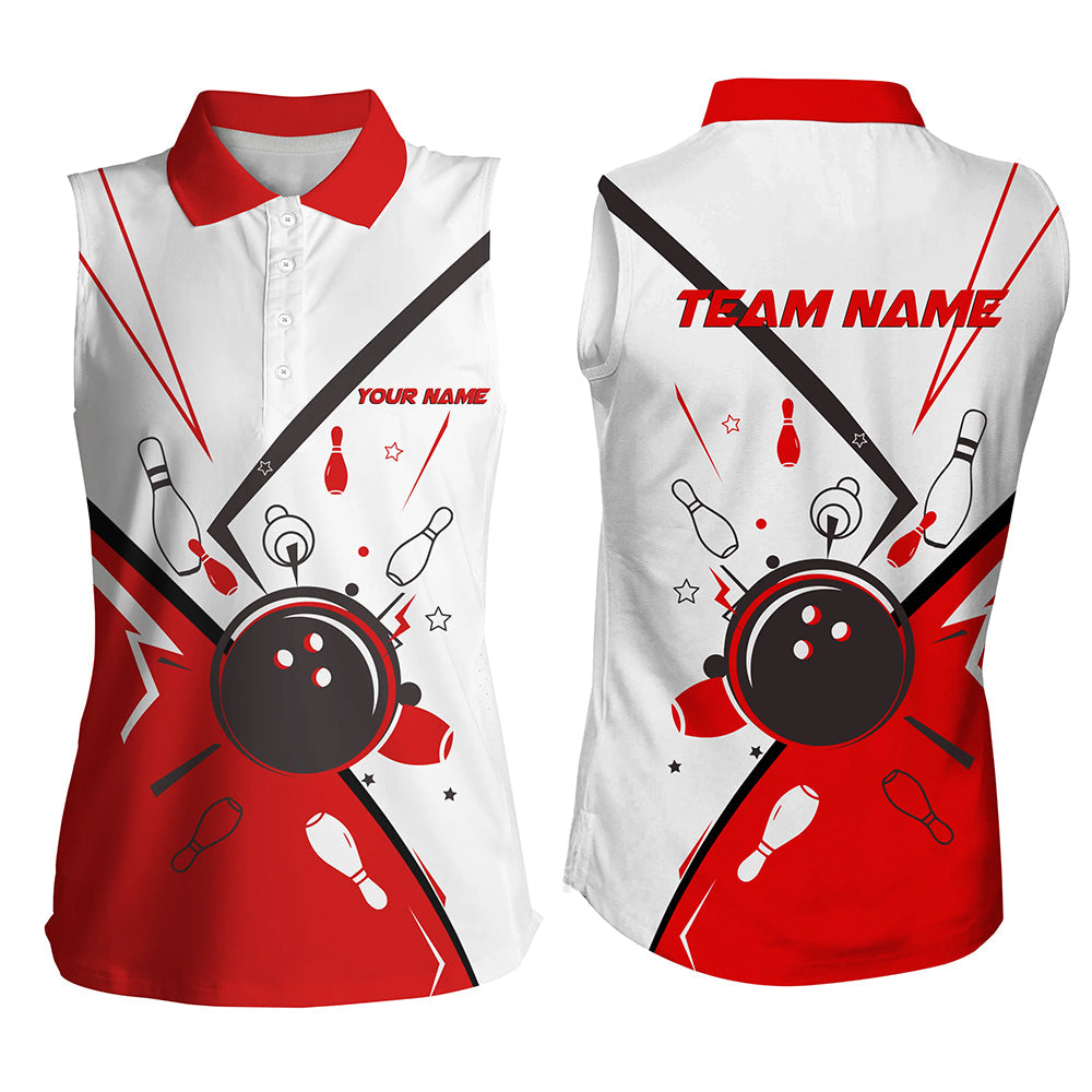 Women sleeveless polo shirts Custom Bowling Team League Jerseys, gift for bowlers | Red NQS7623