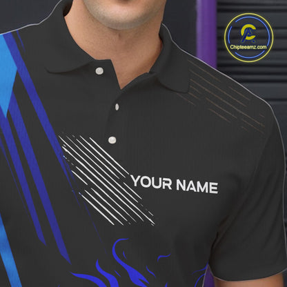 Black and Blue Flame Bowling Polo, Quarter Zip Shirts For Men Custom Bowling Outfit Team Jerseys NQS9962