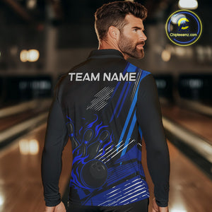 Black and Blue Flame Bowling Polo, Quarter Zip Shirts For Men Custom Bowling Outfit Team Jerseys NQS9962