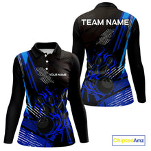 Load image into Gallery viewer, Black and Blue Flame Bowling Polo, Quarter Zip Shirts For Women Custom Bowling Outfit Team Jerseys NQS9962