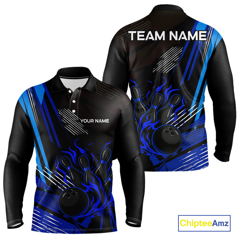 Black and Blue Flame Bowling Polo, Quarter Zip Shirts For Men Custom Bowling Outfit Team Jerseys NQS9962