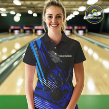 Load image into Gallery viewer, Black and Blue Flame Bowling Polo, Quarter Zip Shirts For Women Custom Bowling Outfit Team Jerseys NQS9962